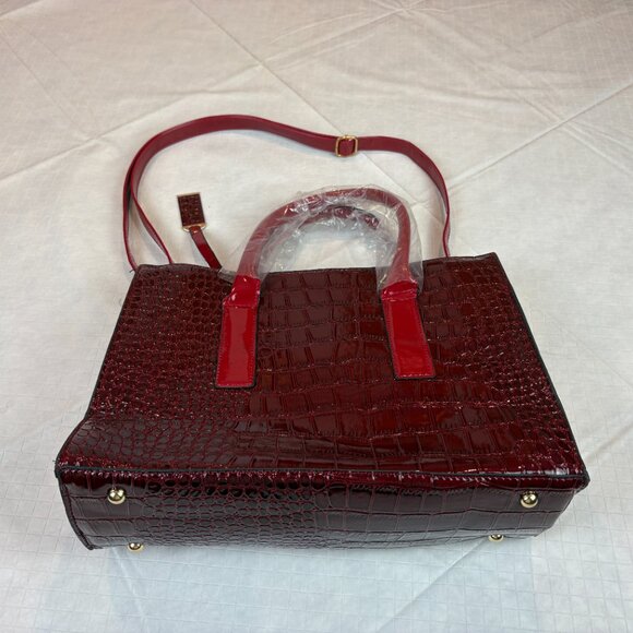 Burgundy and Red Faux Crocodile Embossed patent leather top handle Crossbody Bag - Picture 10 of 16